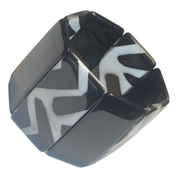 Vintage Black White Zebra Print Acrylic Rectangle Women’s Stretch Bracelet - Picture 2 of 6